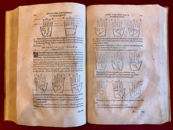 Jean Taisnier Opus mathematicum octo libros complectens, innumeris propemodum figuris idealibus manuum et physiognomiae, aliisque adornatum, quorum sex priores libris absolutissimae cheiromantiae theoricam, praxim, doctrinam, artem, & experientiam verissimam continent... 1583 Coloniae Agrippinae apud Theodorum Baumium sub signo Arboris